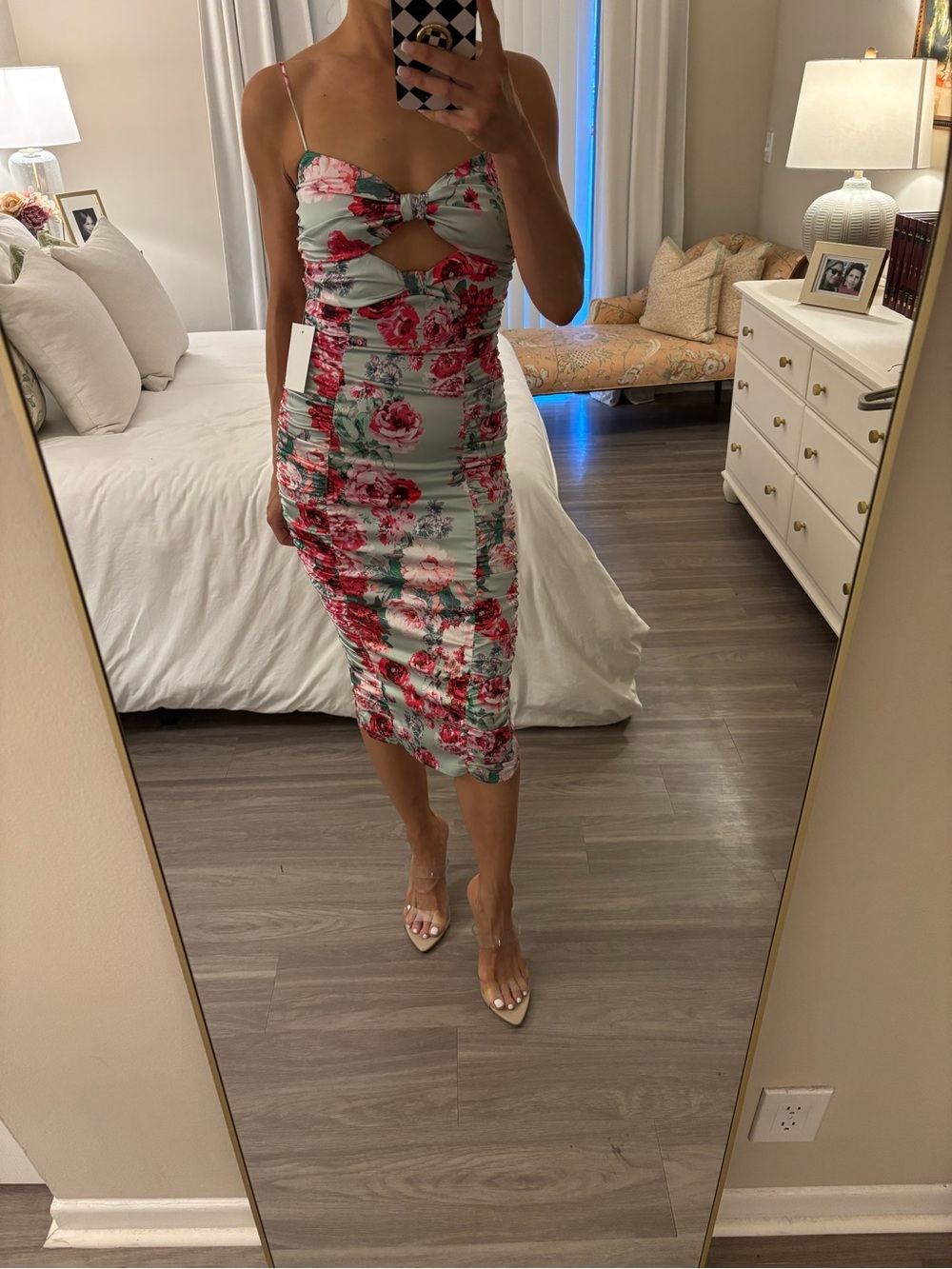 For Love & Lemons Floral Bow Ruched Midi Dress - Sage S